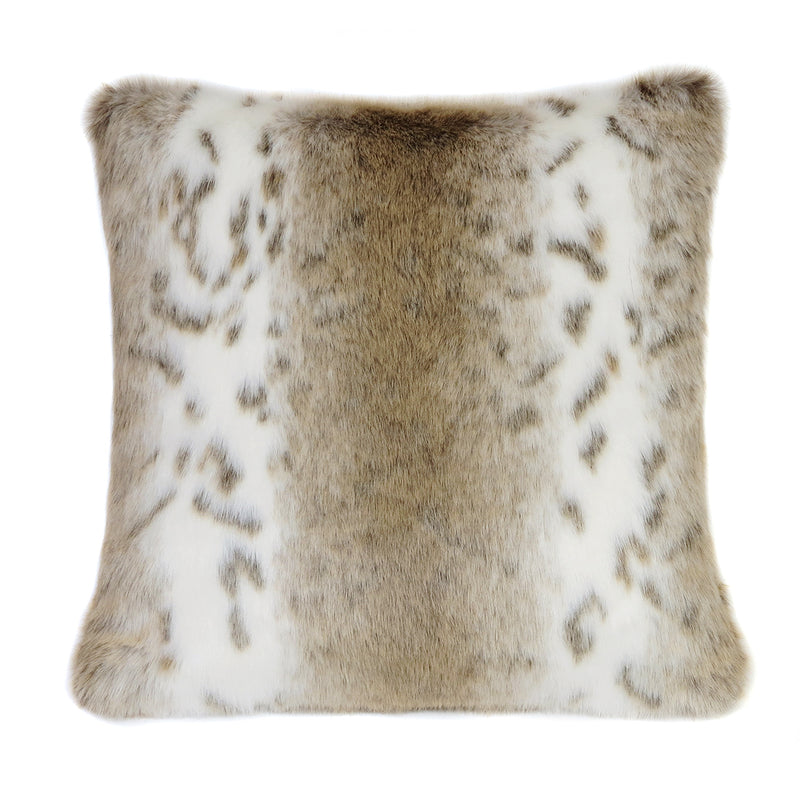 Beige and white Lynx animal print faux fur cushion by Helen Moore