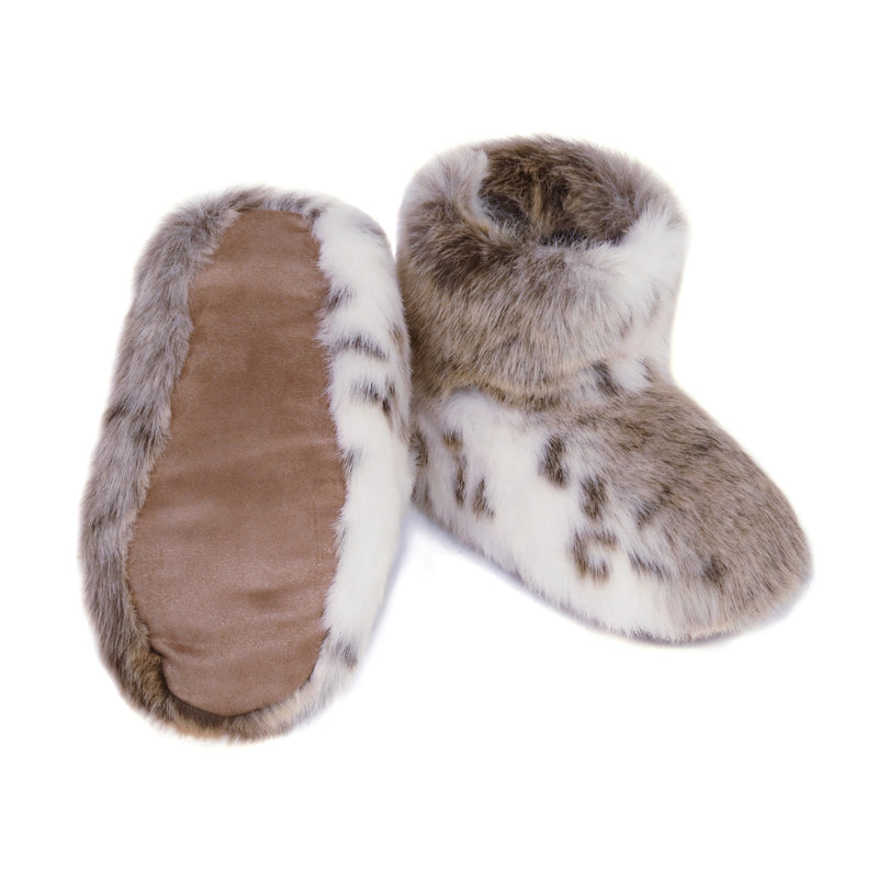 Light beige and white Lynx animal print faux fur slipper boots by Helen Moore