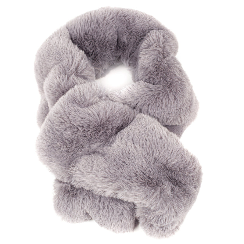 A grey faux fur scarf which is gathered to create a ruffle effect. Made in England by Helen Moore