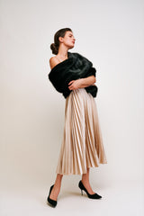 Model wearing Jet black faux fur stole cover up by Helen Moore