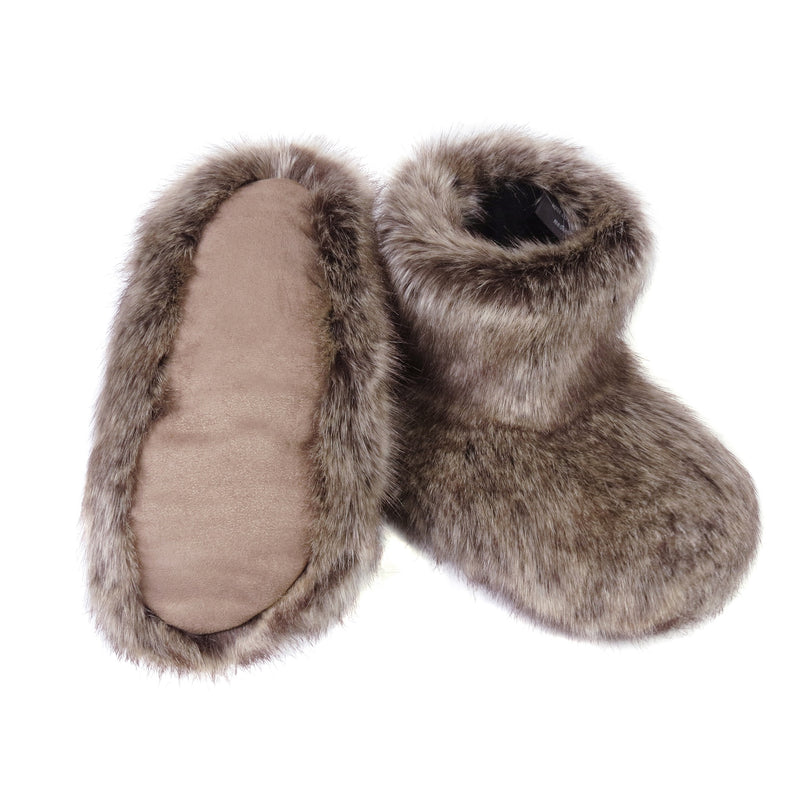 Mid brown Truffle faux fur slipper boots by Helen Moore showing the faux suede sole